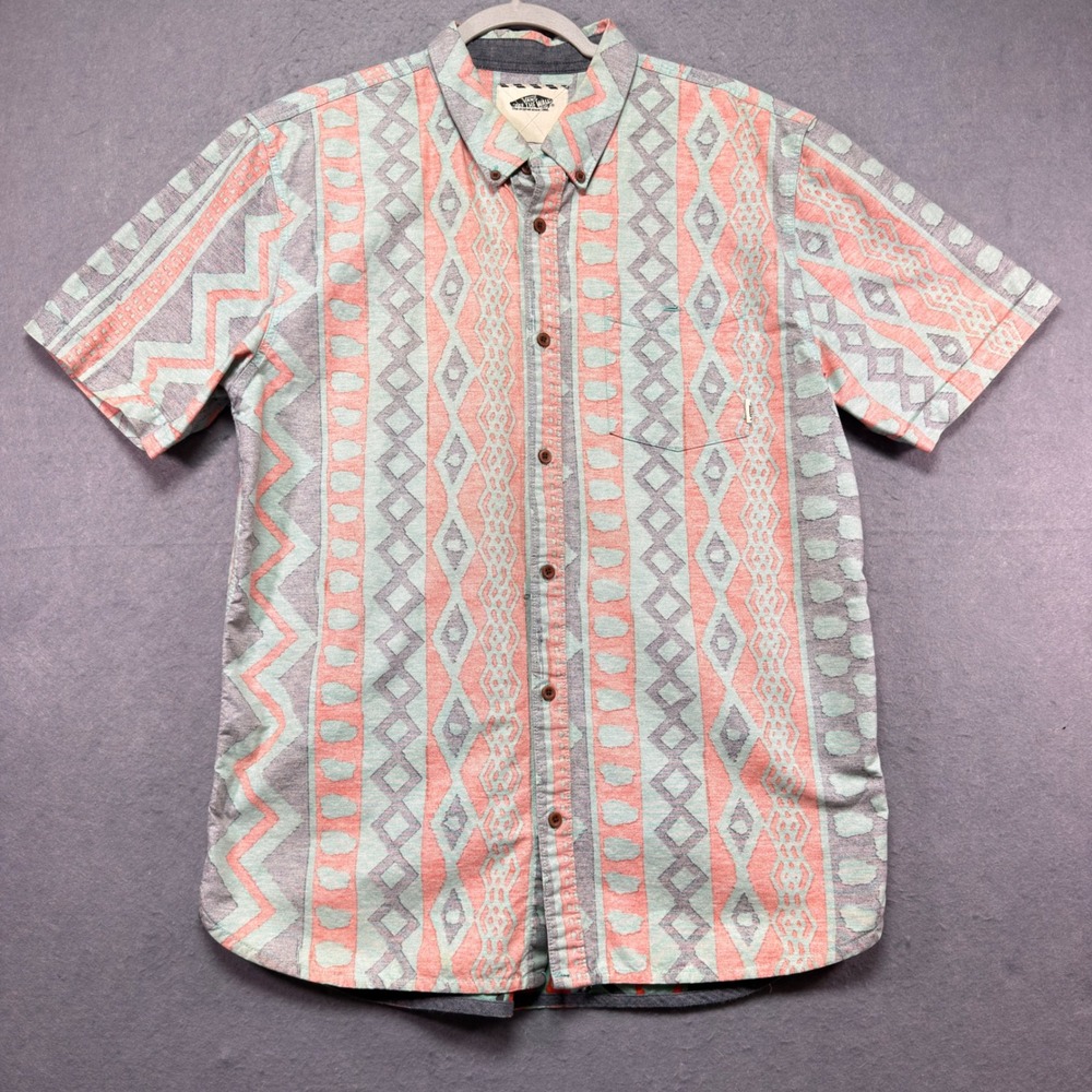 Vans Men Large Short Sleeve Button Down Shirt Geometric Tribal Print Salmon Mint